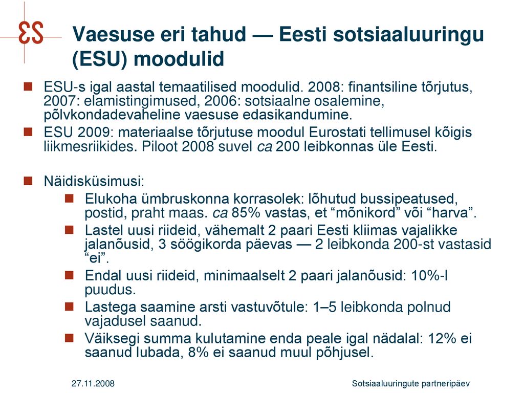 Vaesuse eri tahud — Eesti sotsiaaluuringu (ESU) moodulid