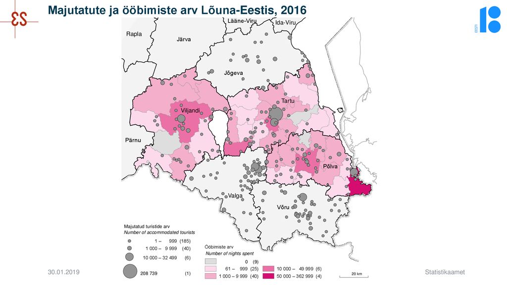 Majutatute ja ööbimiste arv Lõuna-Eestis, 2016