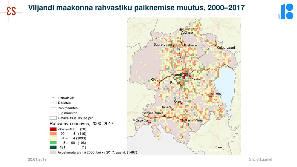 Viljandi maakonna rahvastiku paiknemise muutus, 2000–2017