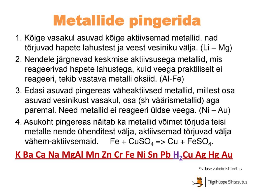 Metallide pingerida K Ba Ca Na MgAl Mn Zn Cr Fe Ni Sn Pb H2Cu Ag Hg Au
