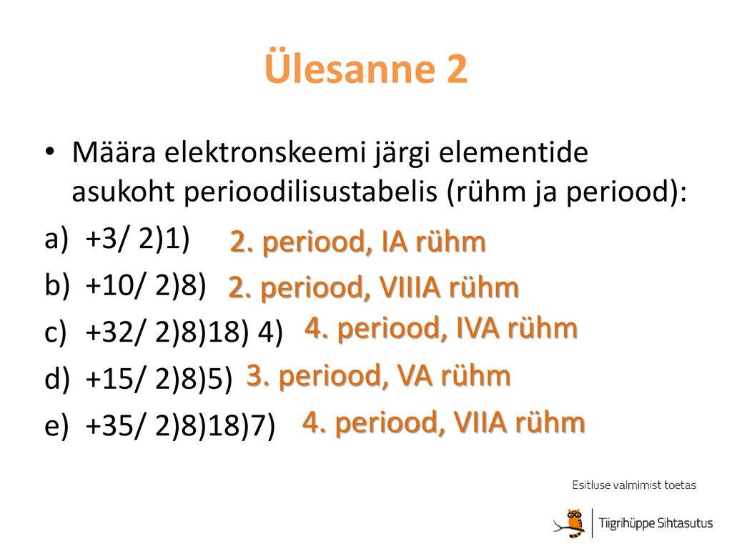 Ülesanne 2 Määra elektronskeemi järgi elementide asukoht perioodilisustabelis (rühm ja periood): +3/ 2)1)