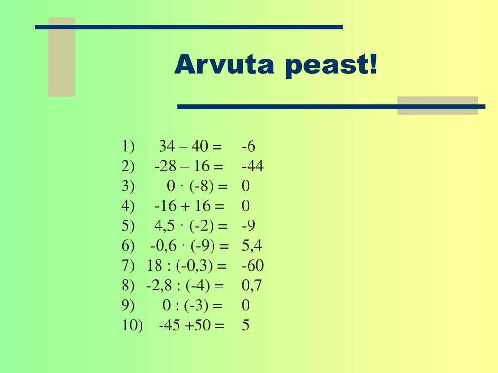 Arvuta peast! 34 – 40 = -28 – 16 = 0 · (-8) = = 4,5 · (-2) =