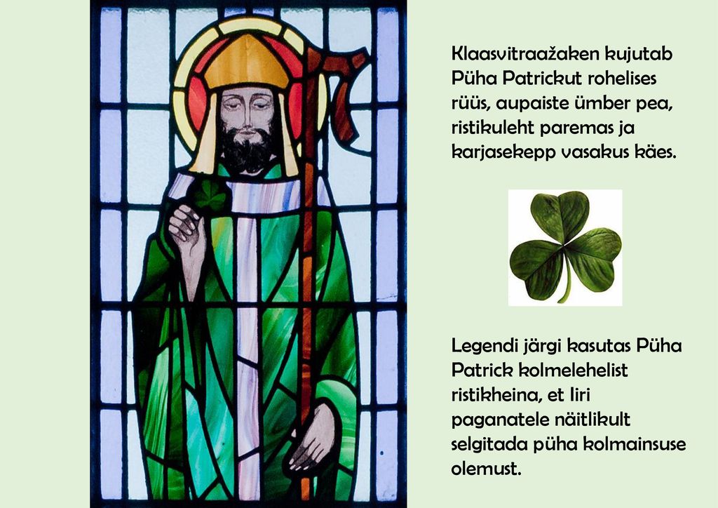 Klaasvitraažaken kujutab Püha Patrickut rohelises rüüs, aupaiste ümber pea, ristikuleht paremas ja karjasekepp vasakus käes.