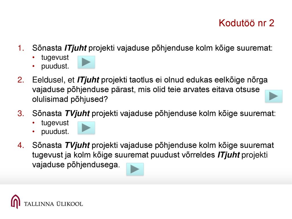 Kodutöö nr 2 Sõnasta ITjuht projekti vajaduse põhjenduse kolm kõige suuremat: tugevust. puudust.