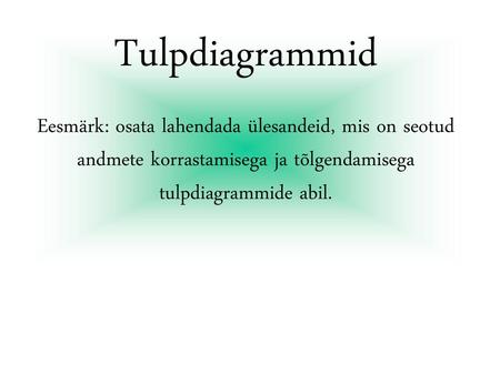 Tulpdiagrammid Eesmärk: osata lahendada ülesandeid, mis on seotud andmete korrastamisega ja tõlgendamisega tulpdiagrammide abil.