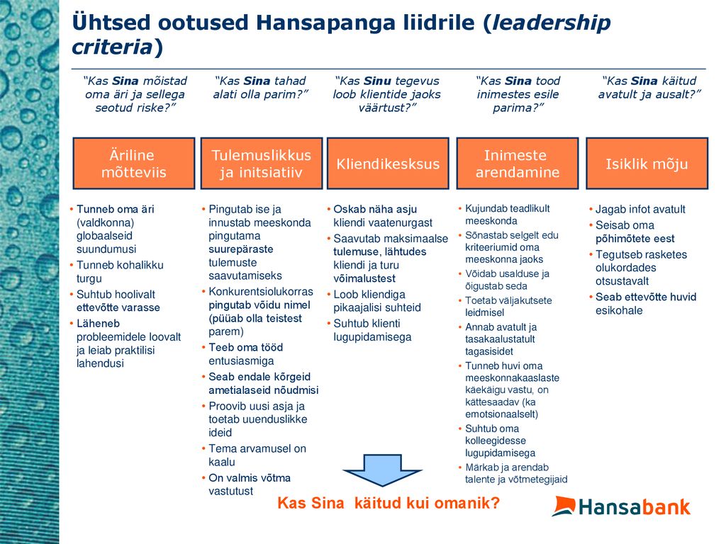 Ühtsed ootused Hansapanga liidrile (leadership criteria)