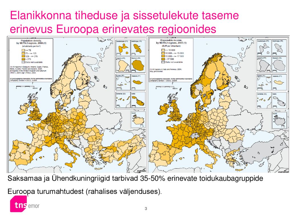 Elanikkonna tiheduse ja sissetulekute taseme erinevus Euroopa erinevates regioonides
