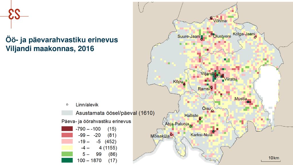 Öö- ja päevarahvastiku erinevus Viljandi maakonnas, 2016