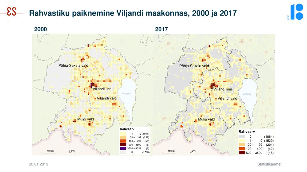 Rahvastiku paiknemine Viljandi maakonnas, 2000 ja 2017