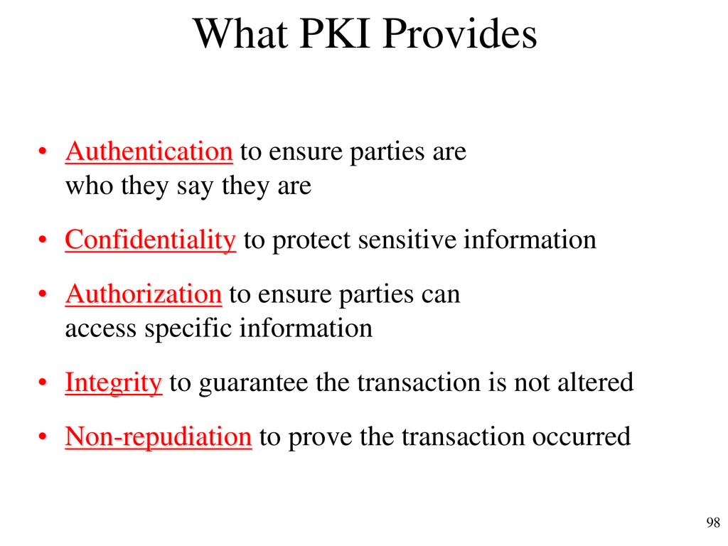 What PKI Provides Authentication to ensure parties are who they say they are. Confidentiality to protect sensitive information.