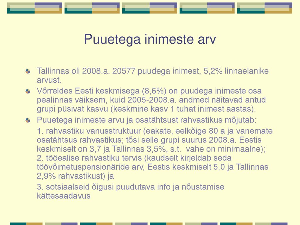 Puuetega inimeste arv Tallinnas oli 2008.a puudega inimest, 5,2% linnaelanike arvust.