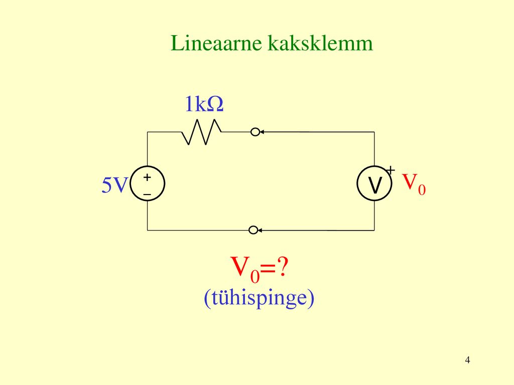 Lineaarne kaksklemm 1kΩ + – V + V0 5V V0= (tühispinge)
