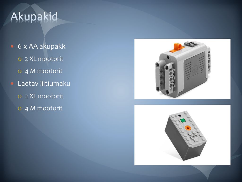 Akupakid 6 x AA akupakk 2 XL mootorit 4 M mootorit Laetav liitiumaku