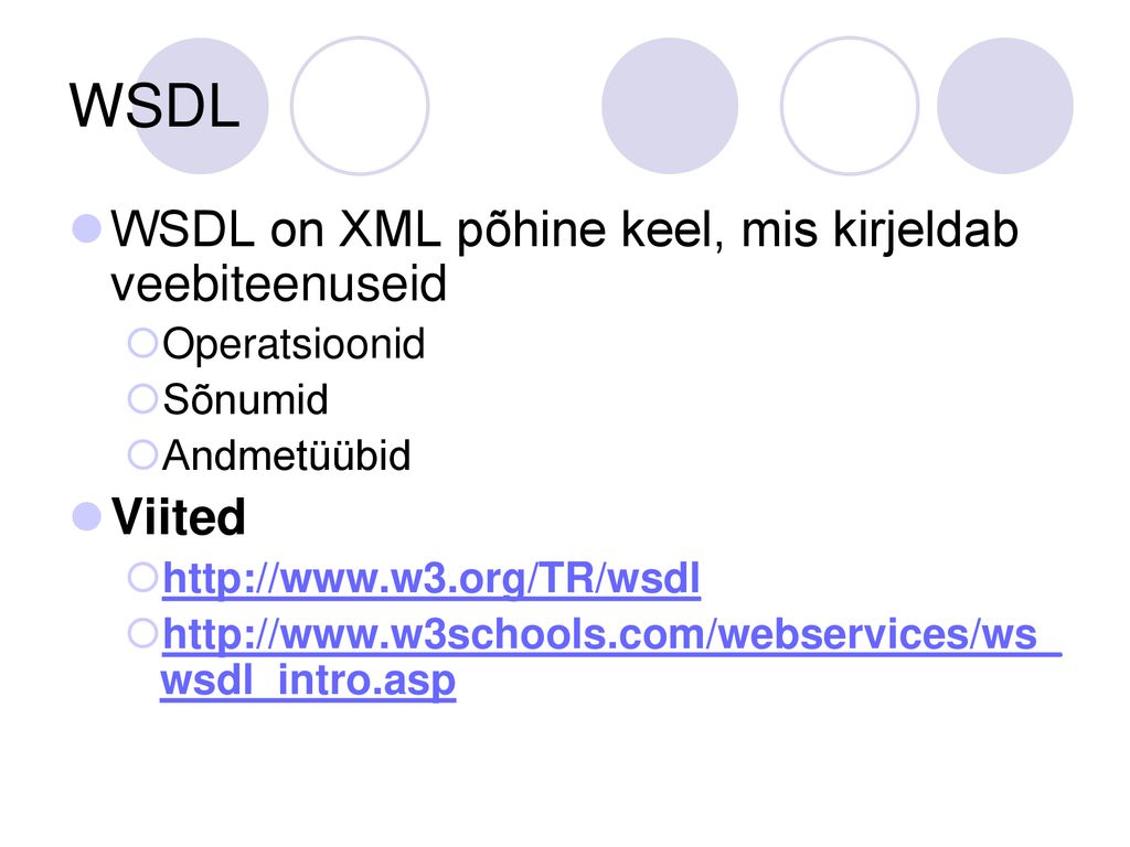 WSDL WSDL on XML põhine keel, mis kirjeldab veebiteenuseid Viited