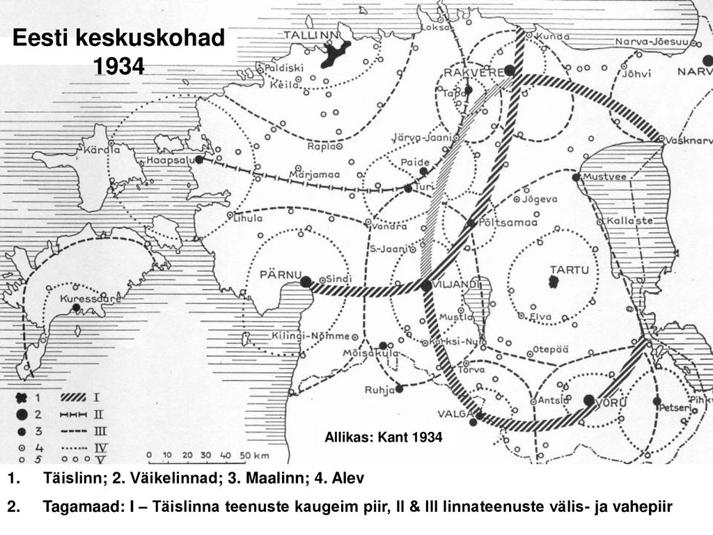 Eesti keskuskohad 1934 Täislinn; 2. Väikelinnad; 3. Maalinn; 4. Alev
