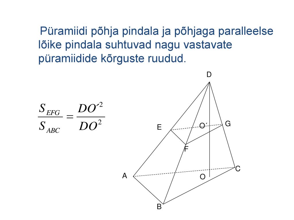 Püramiidi põhja pindala ja põhjaga paralleelse lõike pindala suhtuvad nagu vastavate püramiidide kõrguste ruudud.