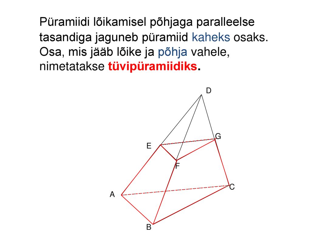 Püramiidi lõikamisel põhjaga paralleelse tasandiga jaguneb püramiid kaheks osaks. Osa, mis jääb lõike ja põhja vahele, nimetatakse tüvipüramiidiks.