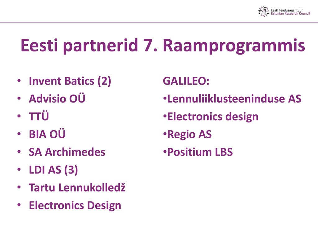 Eesti partnerid 7. Raamprogrammis