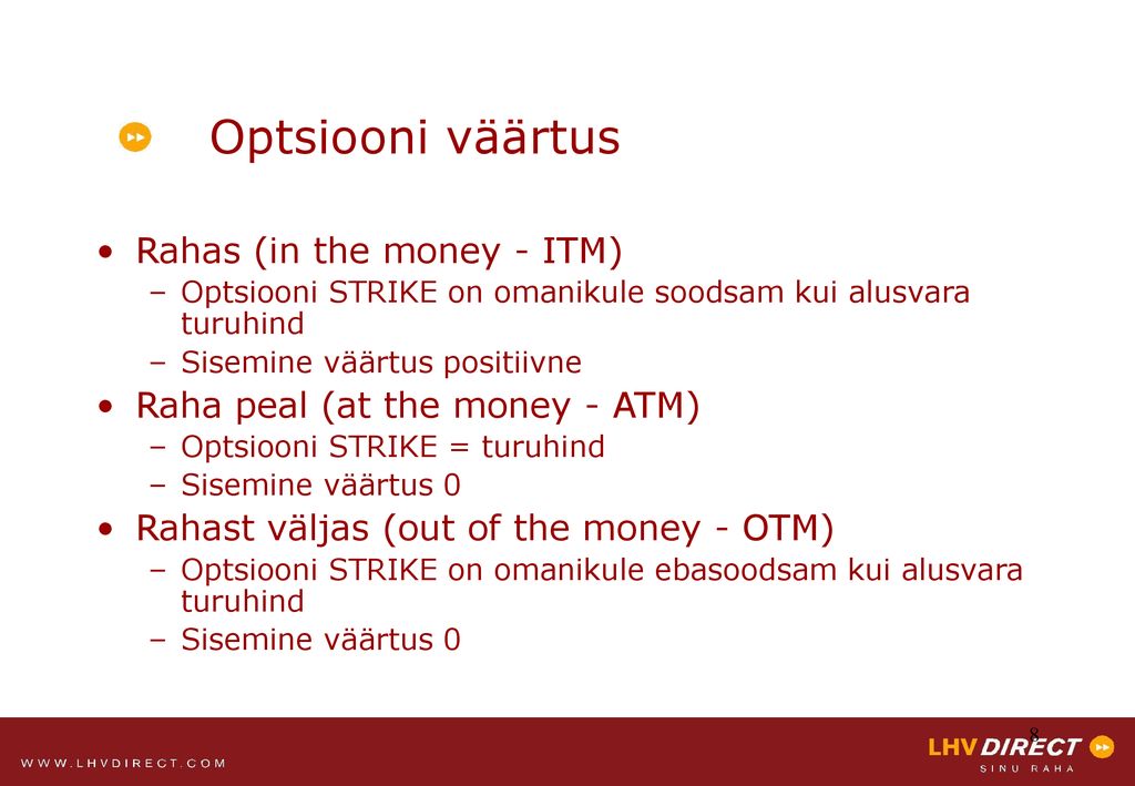 Optsiooni väärtus Rahas (in the money - ITM)