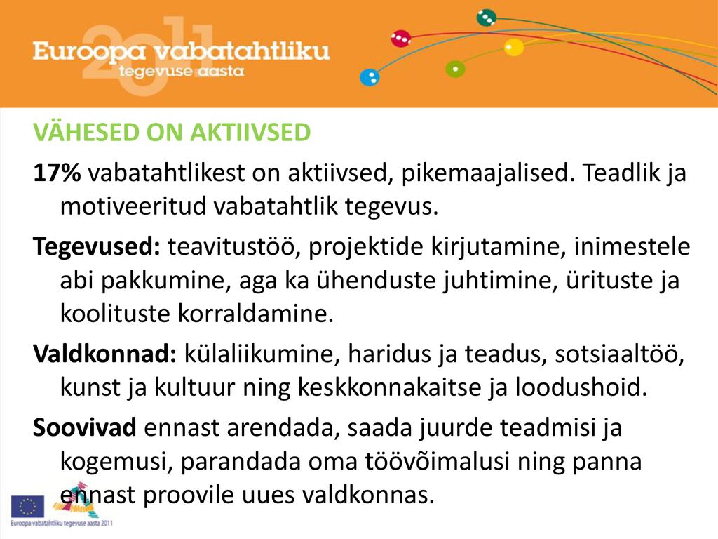 VÄHESED ON AKTIIVSED 17% vabatahtlikest on aktiivsed, pikemaajalised. Teadlik ja motiveeritud vabatahtlik tegevus.