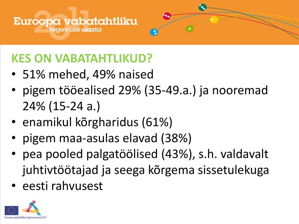 KES ON VABATAHTLIKUD 51% mehed, 49% naised. pigem tööealised 29% (35-49.a.) ja nooremad 24% (15-24 a.)