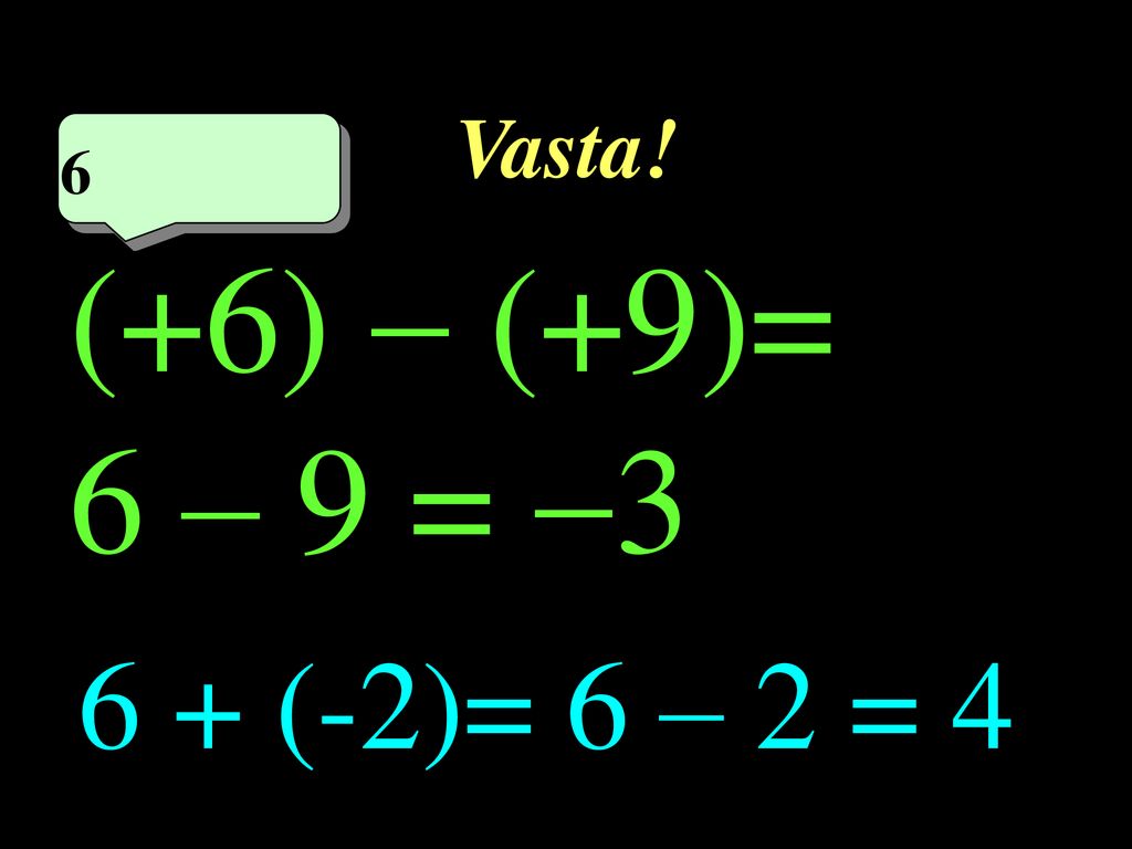 Vasta! 6 6eme calcul (+6)  (+9)= 6 – 9 = 3 6 + (-2)= 6 – 2 = 4