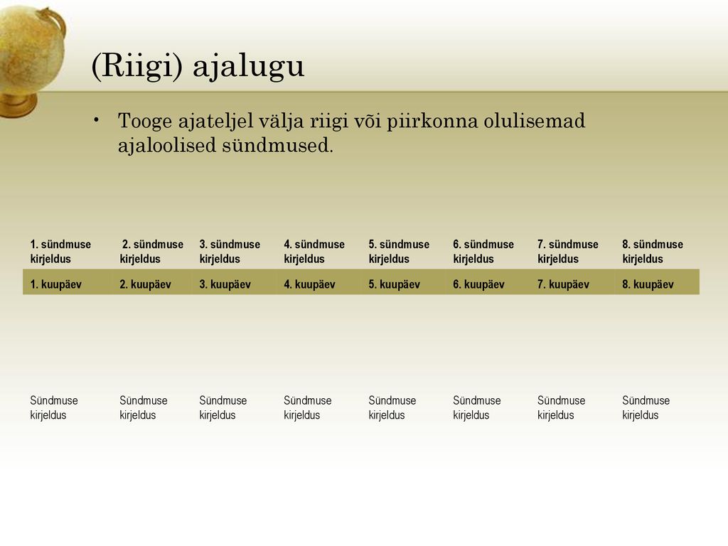 (Riigi) ajalugu Tooge ajateljel välja riigi või piirkonna olulisemad ajaloolised sündmused. 1. sündmuse kirjeldus.