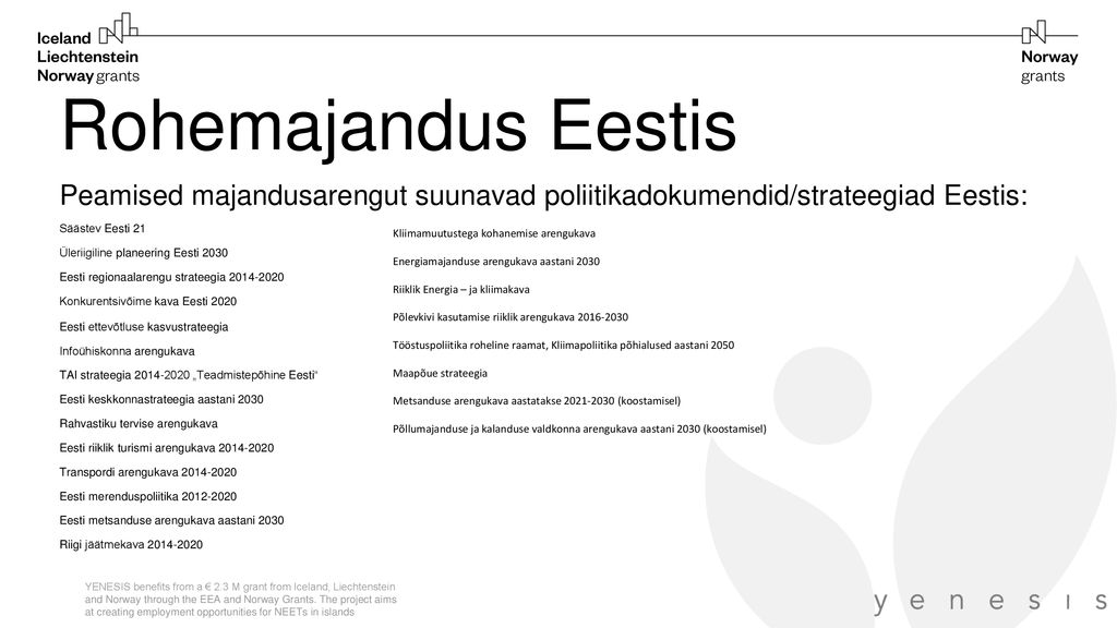 Rohemajandus Eestis Peamised majandusarengut suunavad poliitikadokumendid/strateegiad Eestis: Säästev Eesti 21.
