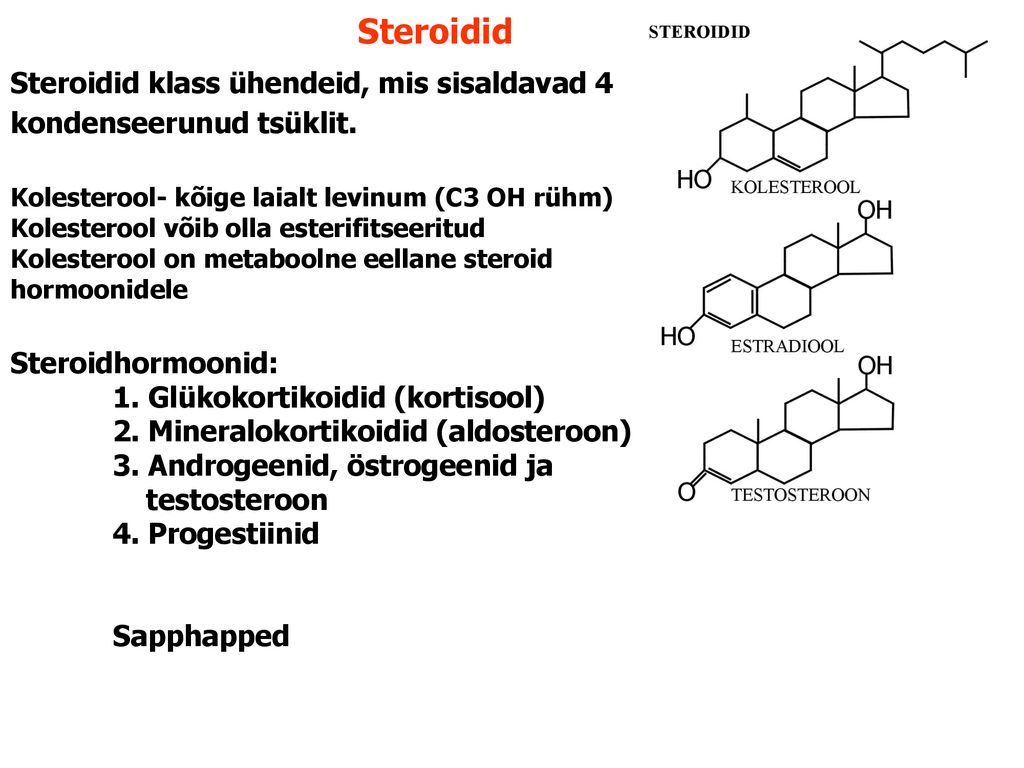 Steroidid Steroidid klass ühendeid, mis sisaldavad 4 kondenseerunud tsüklit. Kolesterool- kõige laialt levinum (C3 OH rühm)