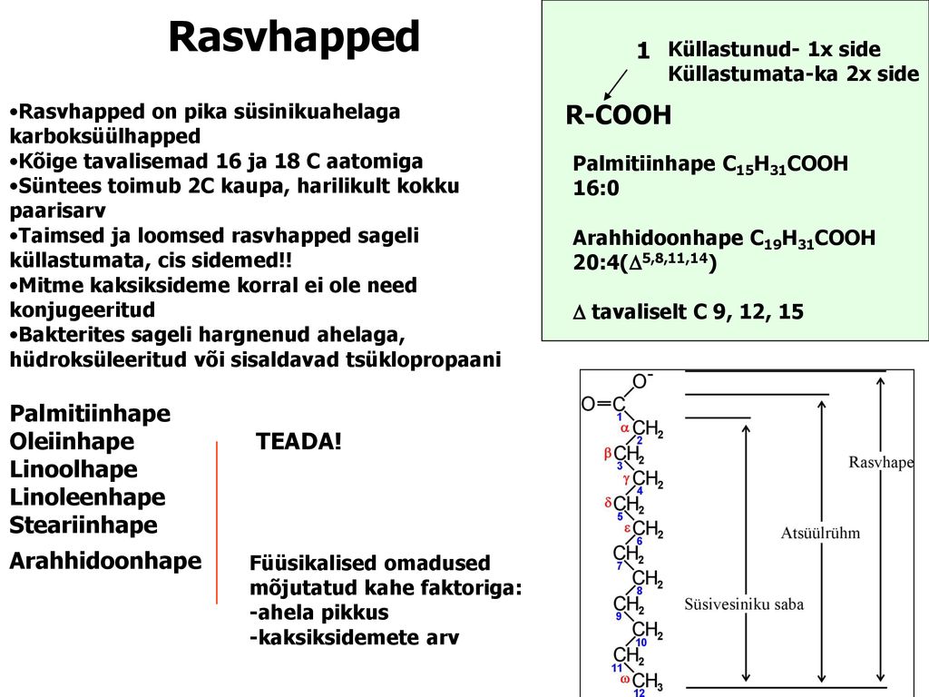 Rasvhapped R-COOH 1 Palmitiinhape Oleiinhape TEADA! Linoolhape