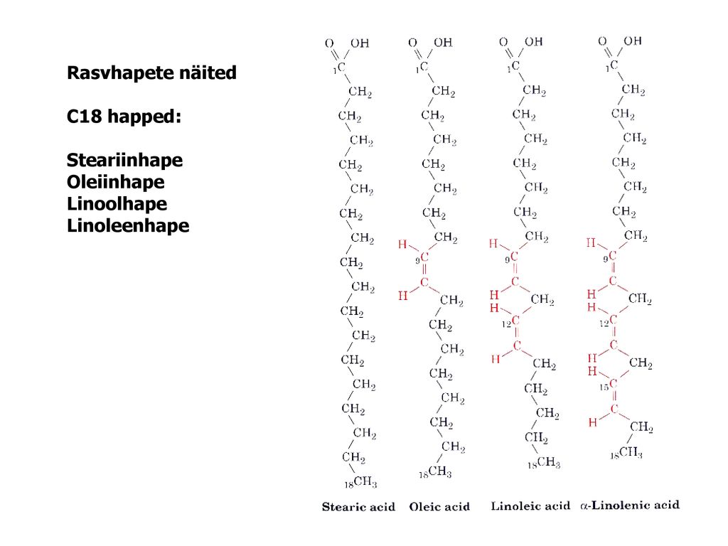 Rasvhapete näited C18 happed: Steariinhape Oleiinhape Linoolhape Linoleenhape