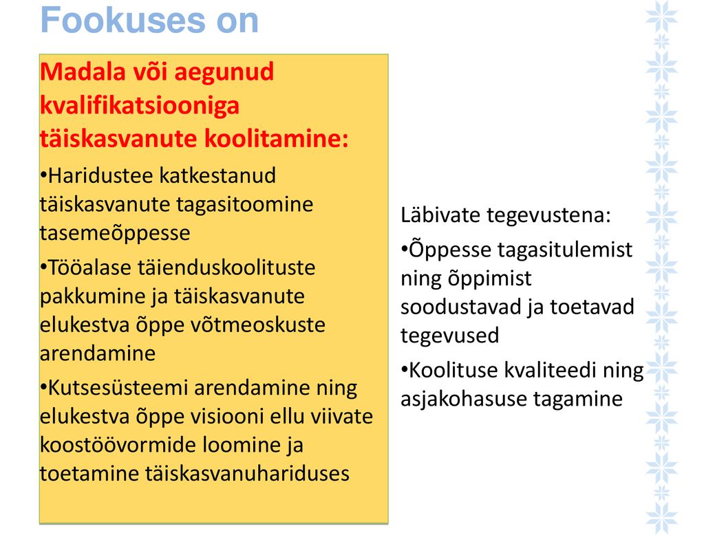 Fookuses on Madala või aegunud kvalifikatsiooniga täiskasvanute koolitamine: Haridustee katkestanud täiskasvanute tagasitoomine tasemeõppesse.