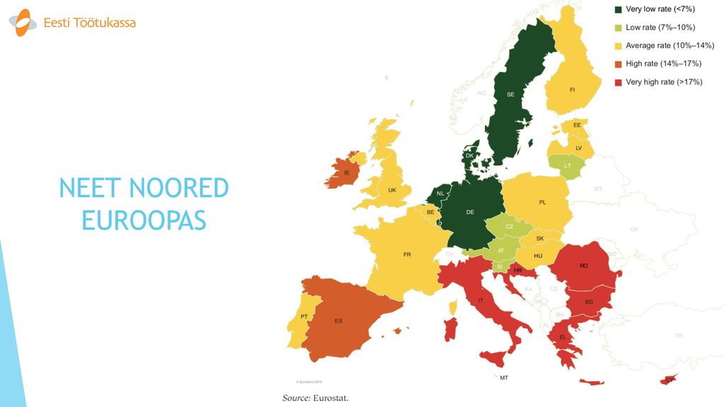 NEET NOORED EUROOPAS Kõige vähem on NEET noori üldse Saksamaal, Rootsis ja Hollandis.