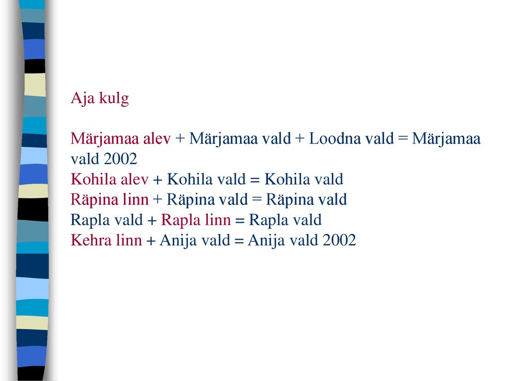 Aja kulg Märjamaa alev + Märjamaa vald + Loodna vald = Märjamaa vald 2002 Kohila alev + Kohila vald = Kohila vald Räpina linn + Räpina vald = Räpina vald Rapla vald + Rapla linn = Rapla vald Kehra linn + Anija vald = Anija vald 2002