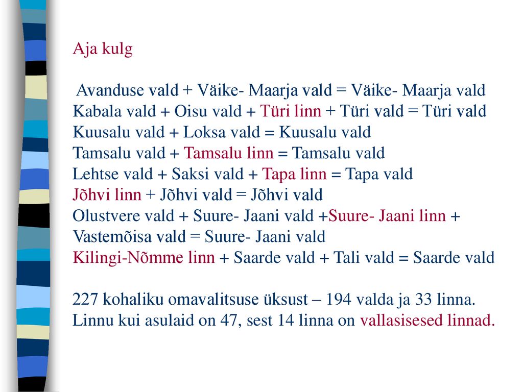 Aja kulg Avanduse vald + Väike- Maarja vald = Väike- Maarja vald Kabala vald + Oisu vald + Türi linn + Türi vald = Türi vald Kuusalu vald + Loksa vald = Kuusalu vald Tamsalu vald + Tamsalu linn = Tamsalu vald Lehtse vald + Saksi vald + Tapa linn = Tapa vald Jõhvi linn + Jõhvi vald = Jõhvi vald Olustvere vald + Suure- Jaani vald +Suure- Jaani linn + Vastemõisa vald = Suure- Jaani vald Kilingi-Nõmme linn + Saarde vald + Tali vald = Saarde vald 227 kohaliku omavalitsuse üksust – 194 valda ja 33 linna.