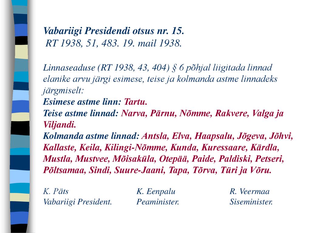 Vabariigi Presidendi otsus nr. 15. RT 1938, 51, mail 1938