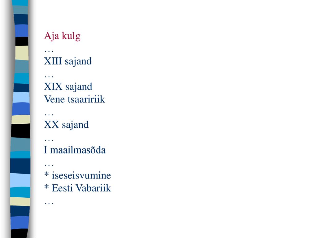 Aja kulg … XIII sajand … XIX sajand Vene tsaaririik … XX sajand … I maailmasõda … * iseseisvumine * Eesti Vabariik …